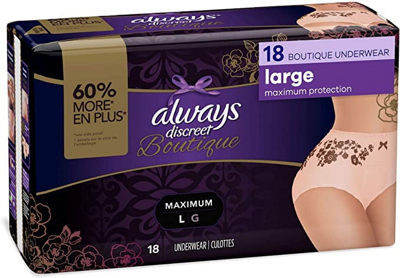Always Discreet, Incontinence & Postpartum Underwear for Women, Maximum,  Large, 56 Count 