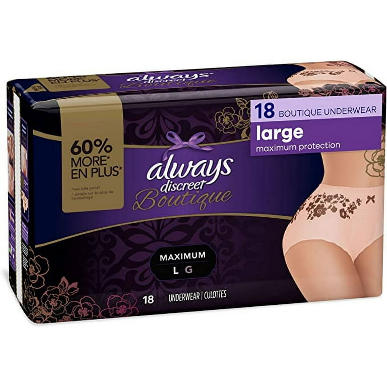 Always Discreet Boutique Incontinence & Postpartum Incontinence Underwear  for Women, Large, 36 Count, FSA HSA Eligible, Maximum Protection,  Disposable