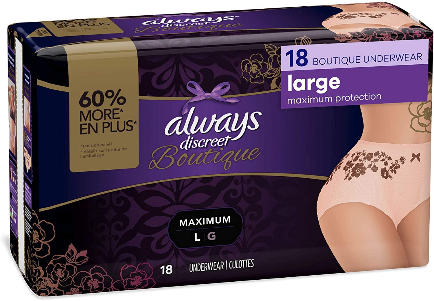 Always Discreet Boutique, Incontinence & Postpartum Underwear For Women,  Low-Rise, Size Large, Black, Maximum Absorbency
