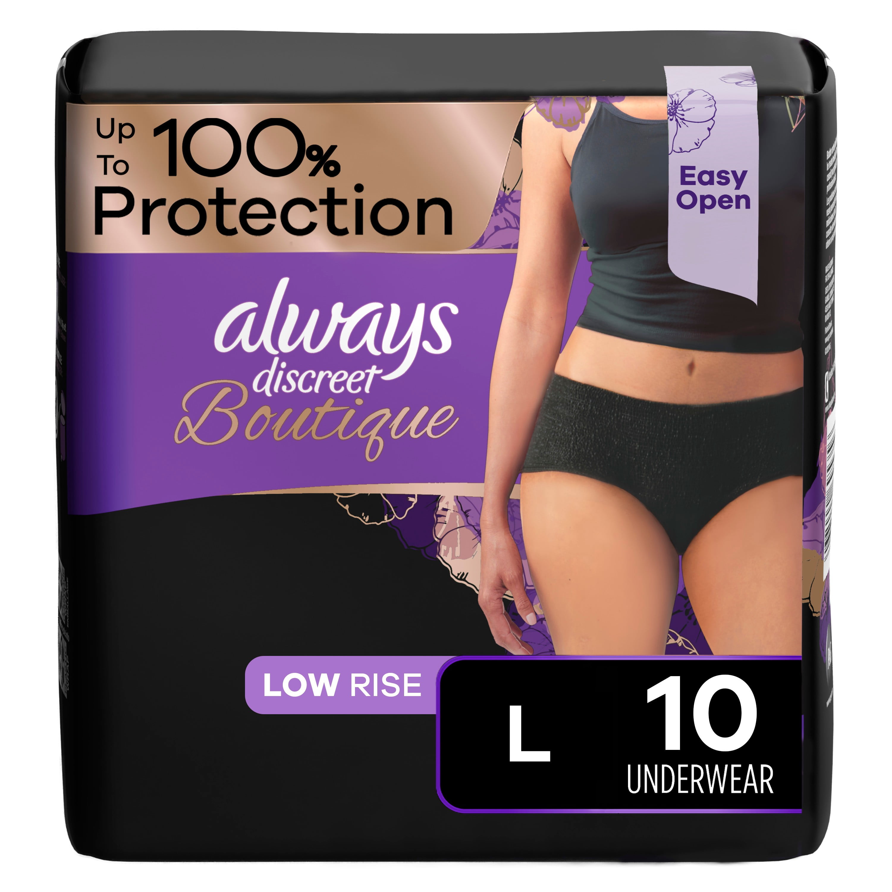 Always Discreet Boutique Incontinence Underwear, Maximum Protection, L,  Black, 10 Ct