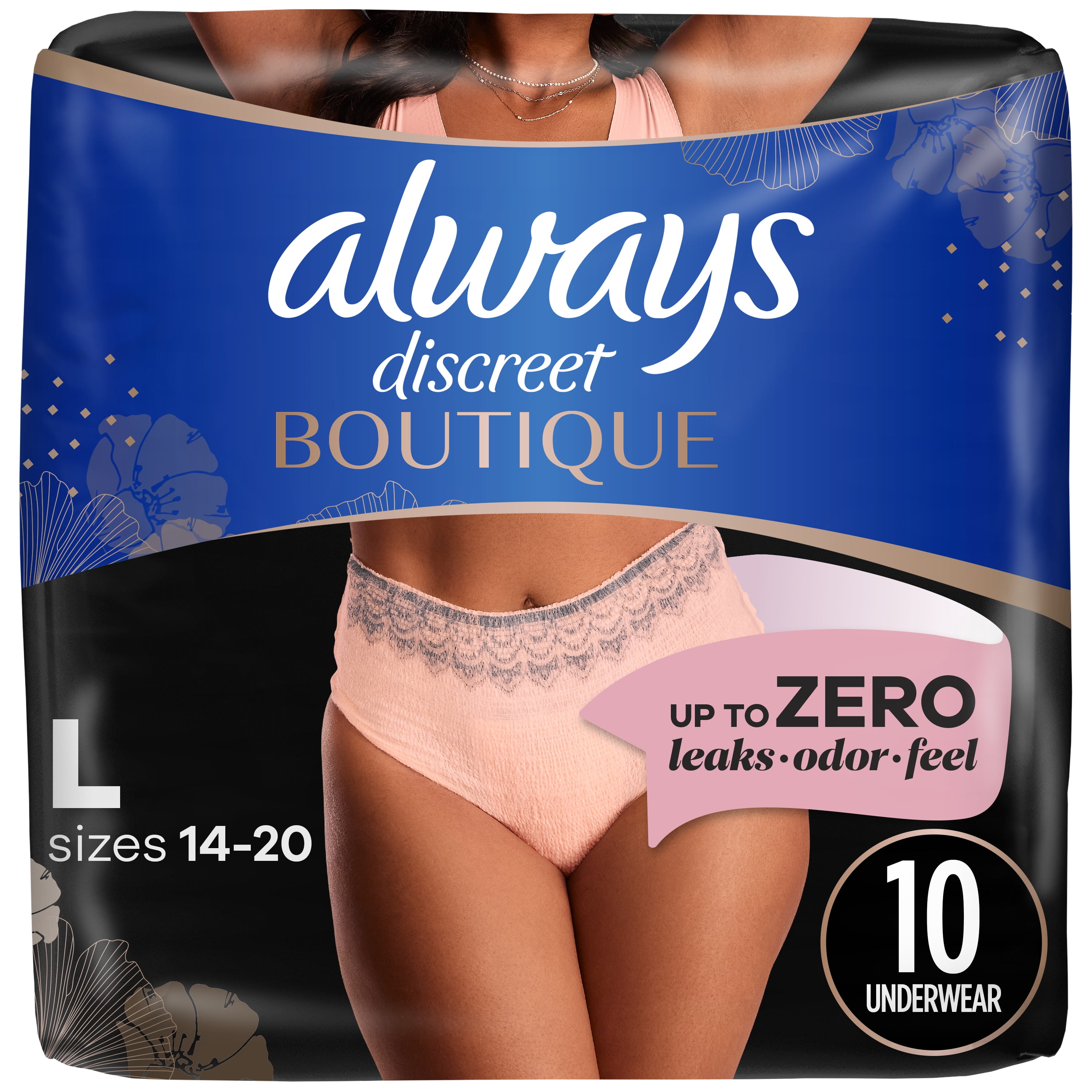 Always Discreet Boutique Incontinence Underwear, Maximum Protection, Size  L, Rosy, 10 Ct