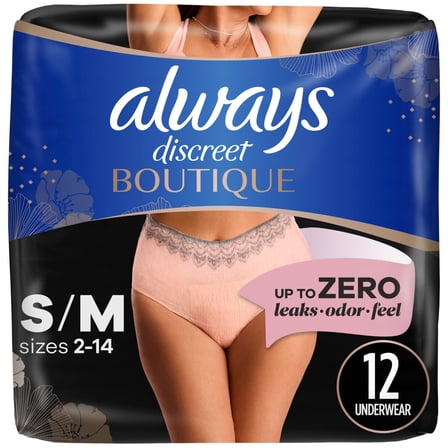 Always Discreet Boutique Incontinence Underwear, Maximum Protection, Size S/M, Rosy, 12 Ct