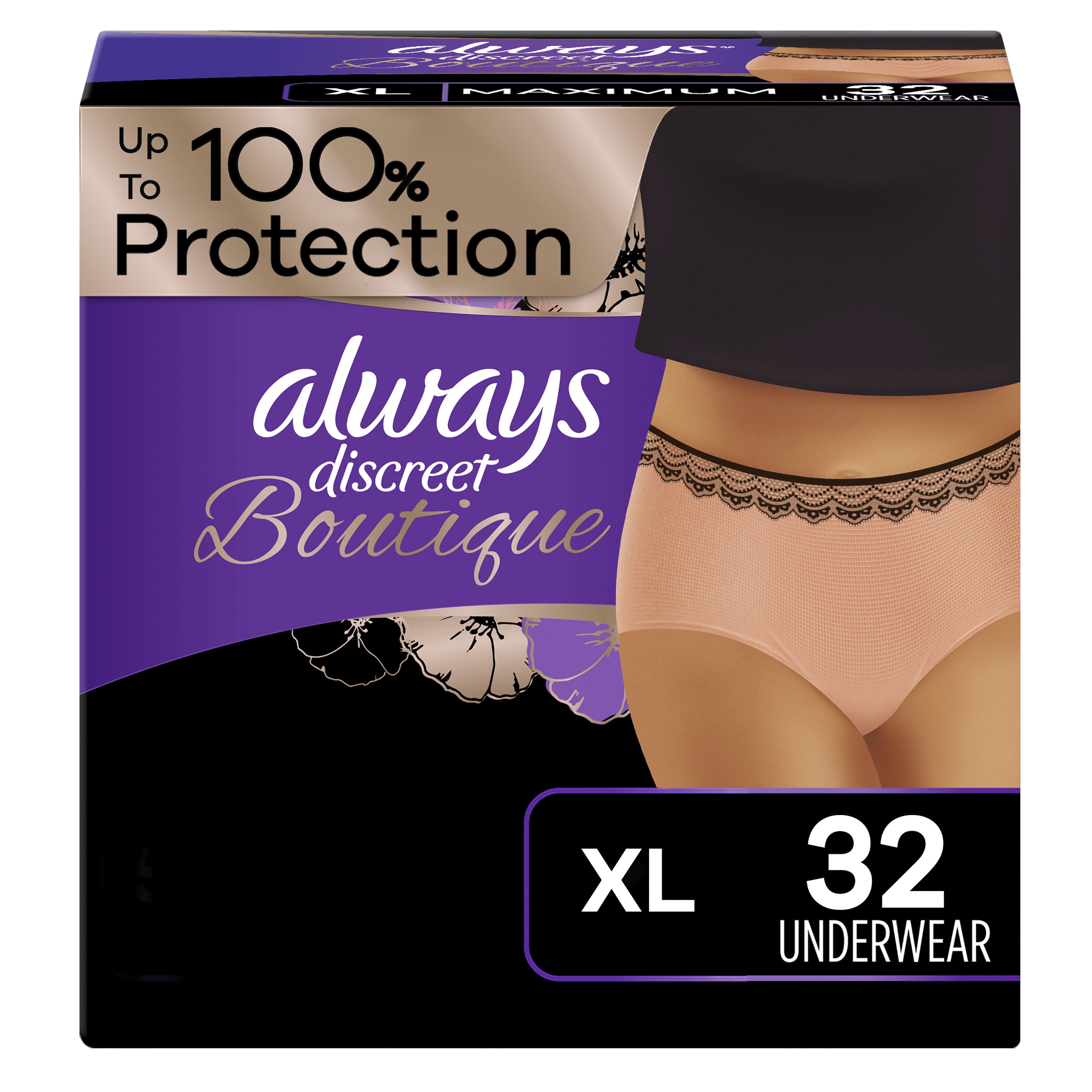 Always Discreet Boutique Incontinence Underwear, Maximum Protection, XL, Rosy, 32 Ct