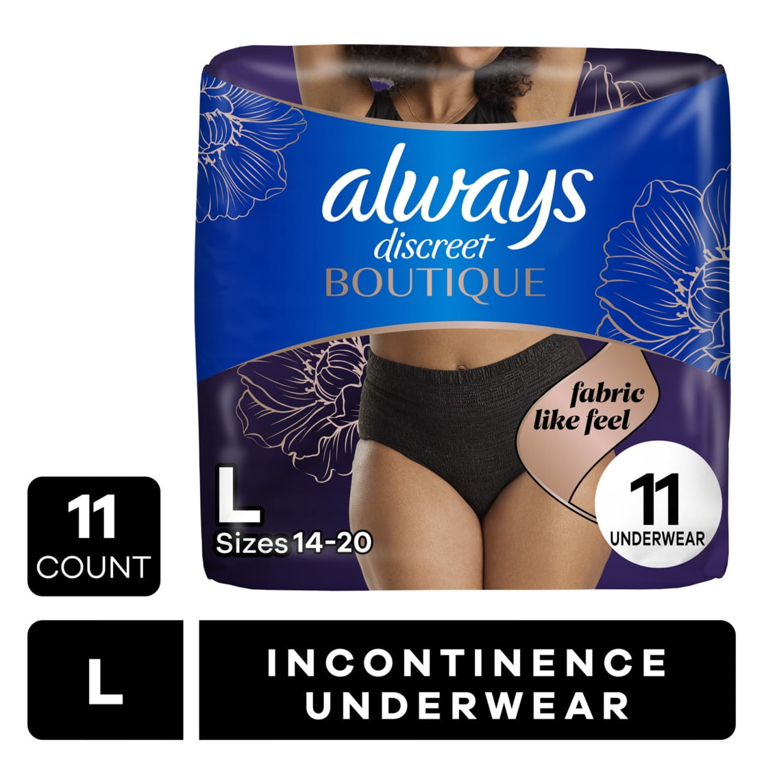 Always Discreet Boutique Incontinence and Postpartum Underwear for Women, Maximum Protection, L, Black, 11 Count