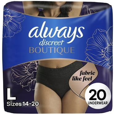 Always Discreet Boutique Incontinence and Postpartum Underwear for Women, Maximum Protection, L, Black, 20 Count