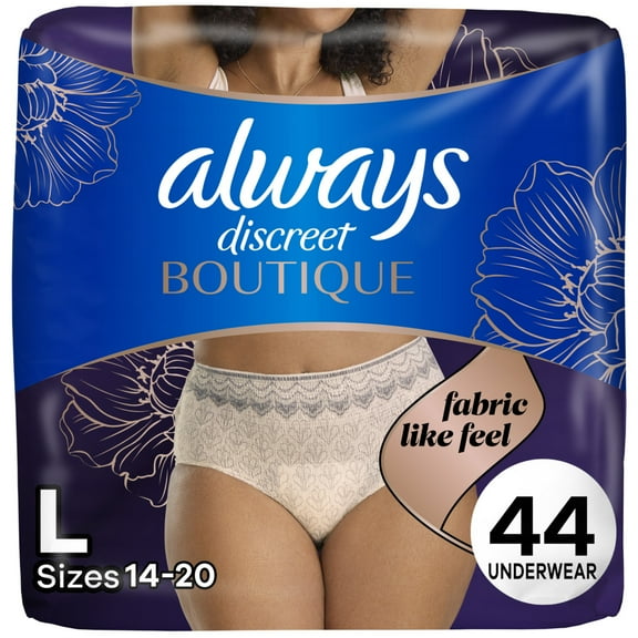 Always Discreet Boutique Incontinence and Postpartum Underwear for Women, Maximum Protection, L, Rosy, 44 Count