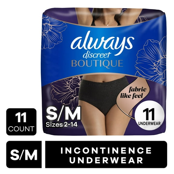 Always Discreet Boutique Incontinence and Postpartum Underwear for Women, Maximum Protection, S/M, Black, 11 Count