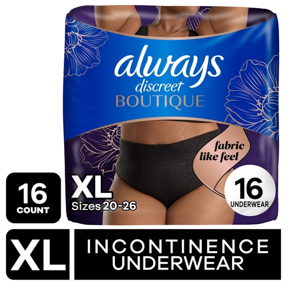 Always Discreet Boutique Incontinence Underwear, Maximum Protection, XL, Black, 16 Count