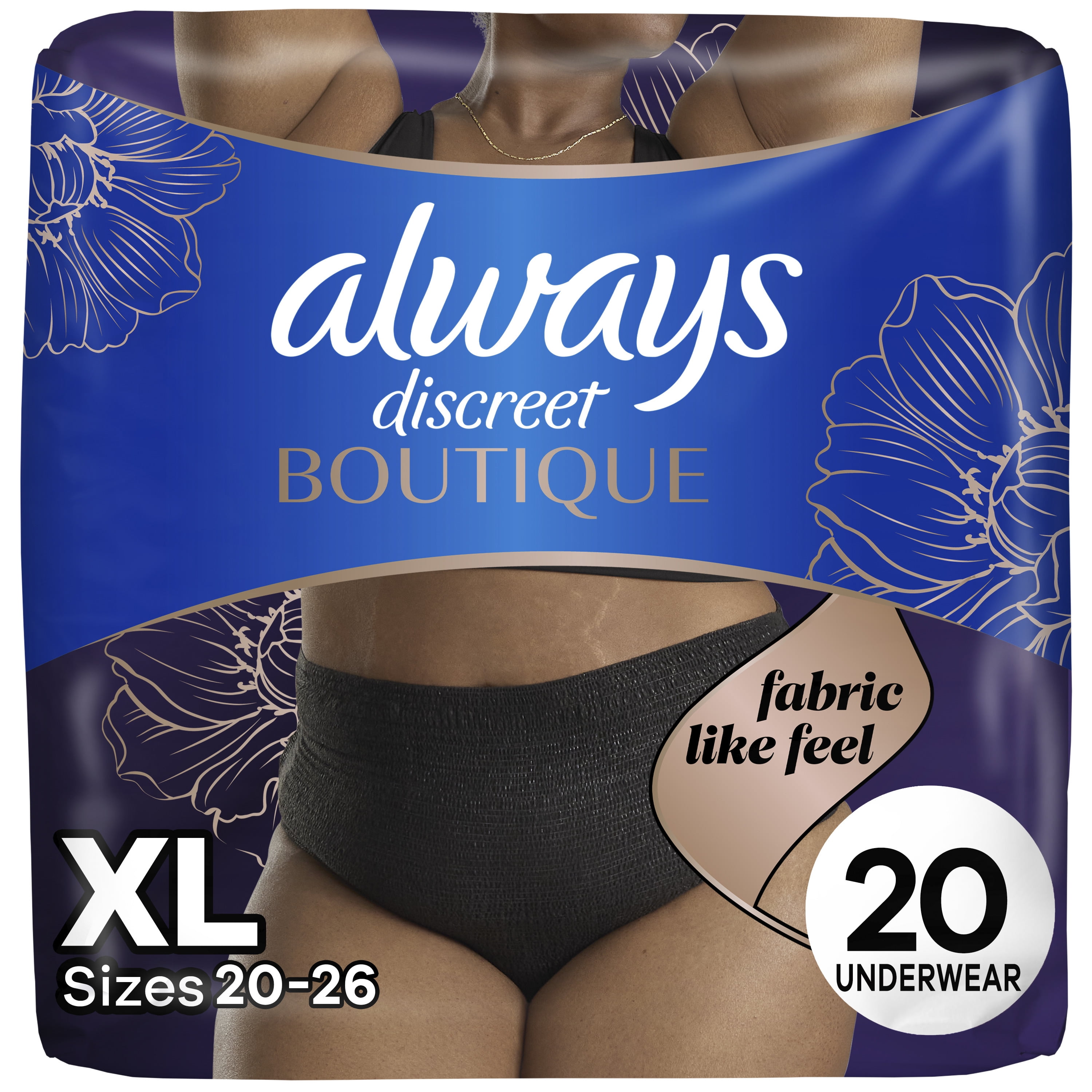 Always Discreet Boutique Incontinence and Postpartum Underwear for Women, Maximum Protection, XL, Black, 20 Count