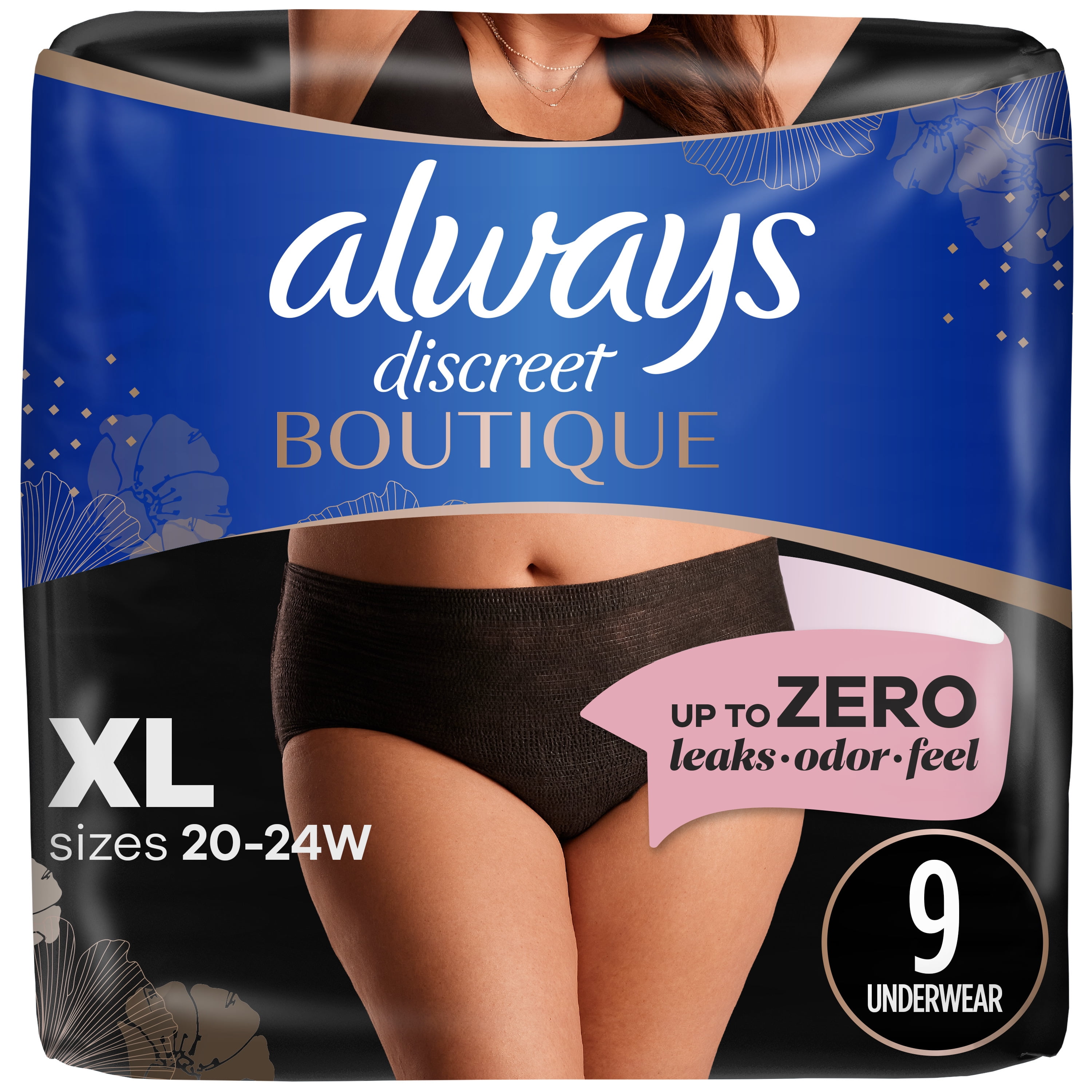 Always Discreet Boutique Incontinence and Postpartum Underwear for Women, Maximum Protection, XL, Black, 9 Count