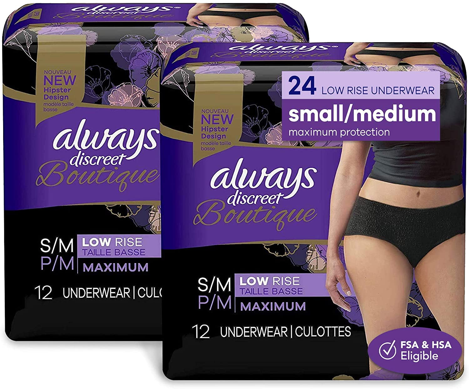 Always Discreet Boutique Low-Rise Incontinence and Postpartum Underwearfor  Women, Black, Size S/M, 24 Count 