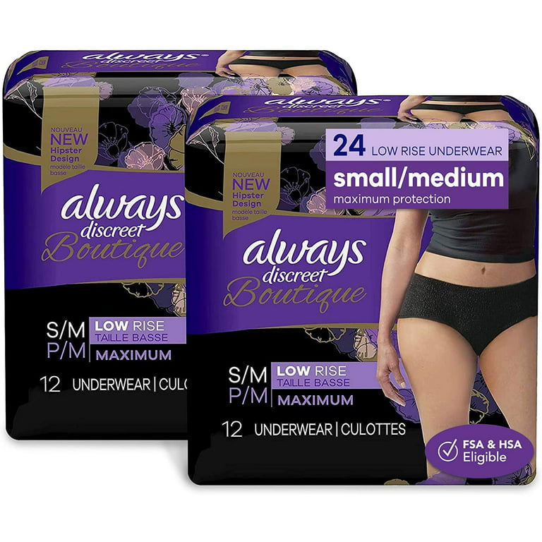 Always Discreet Boutique Low-Rise Incontinence and Postpartum Underwearfor  Women, Black, Size S/M, 24 Count 