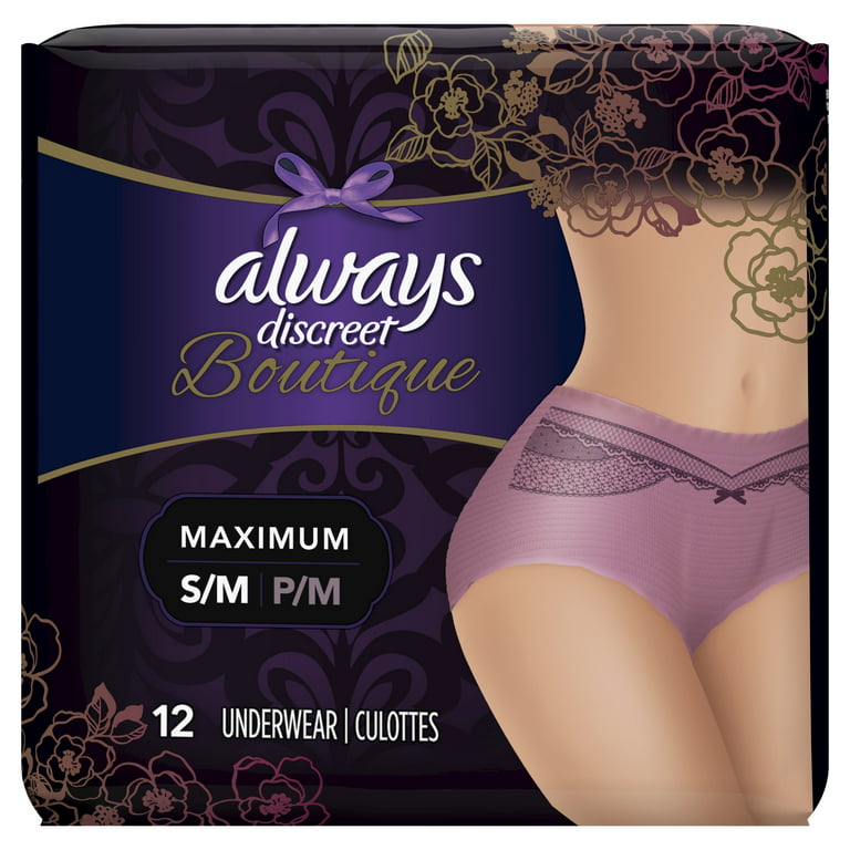 https://i5.walmartimages.com/seo/Always-Discreet-Boutique-Max-Protect-Incontinence-Underwear-Purple-S-M-12-ct_ab274260-c475-4bc6-84bc-1f5142214b1a_1.c87c56ad44b791b6b59c436f8166c232.jpeg?odnHeight=768&odnWidth=768&odnBg=FFFFFF