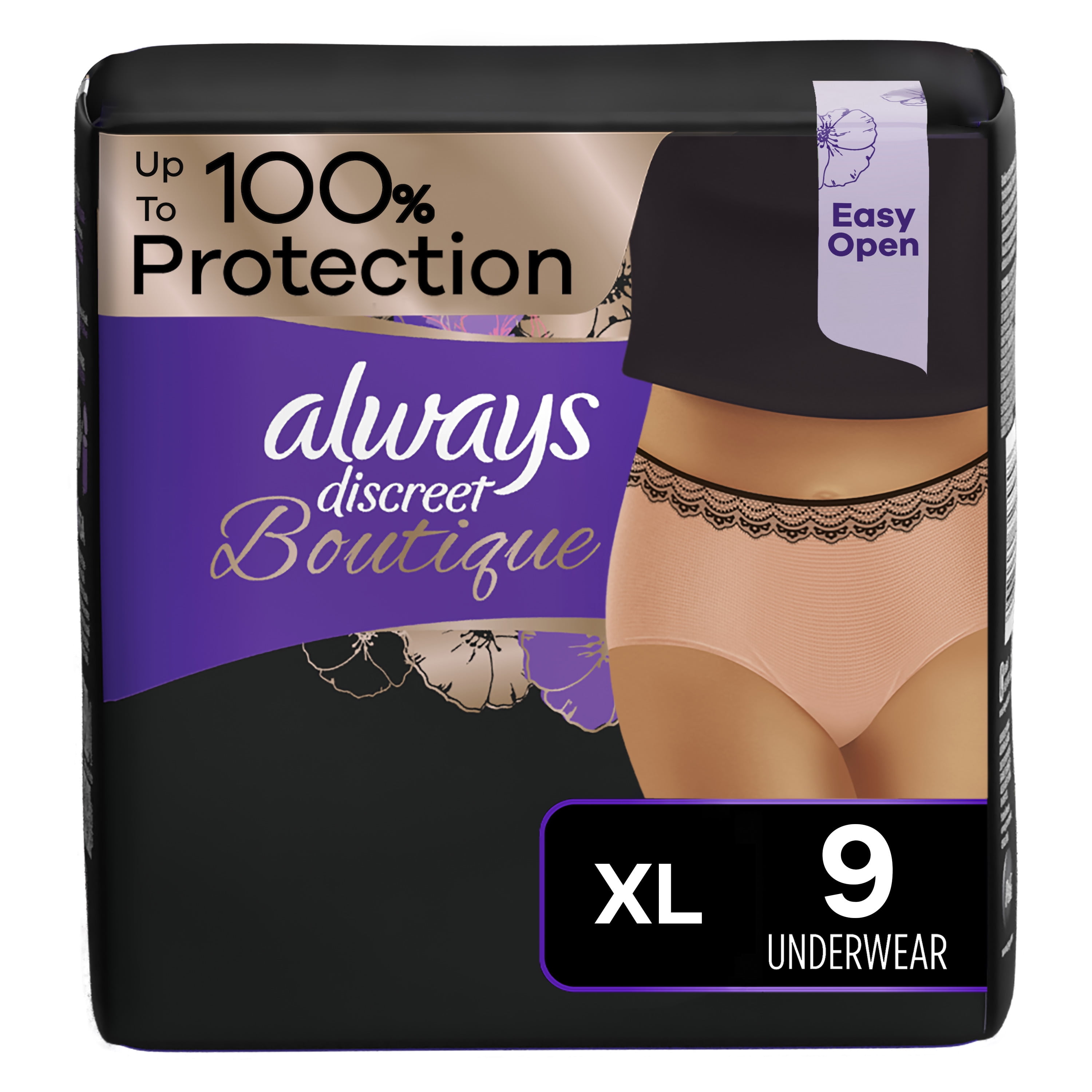 Always Discreet Boutique Incontinence Underwear, Maximum Protection, XL, Rosy, 9 Ct
