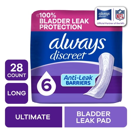 Always Discreet Adult Incontinence Pads for Women, Ultimate Absorbency, Long Length, Postpartum Pads, 28 Count