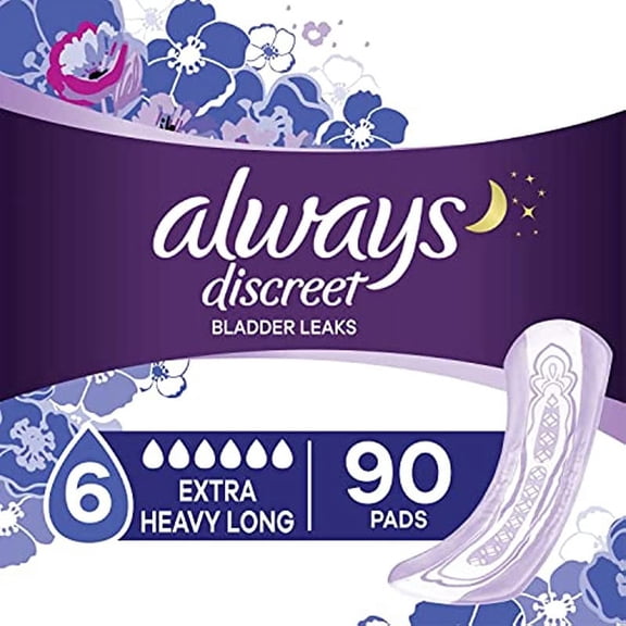 "Always Discreet Extra Heavy Long Incontinence Pads, Up to 100% Leak-Free Protection, Total 90 Count"