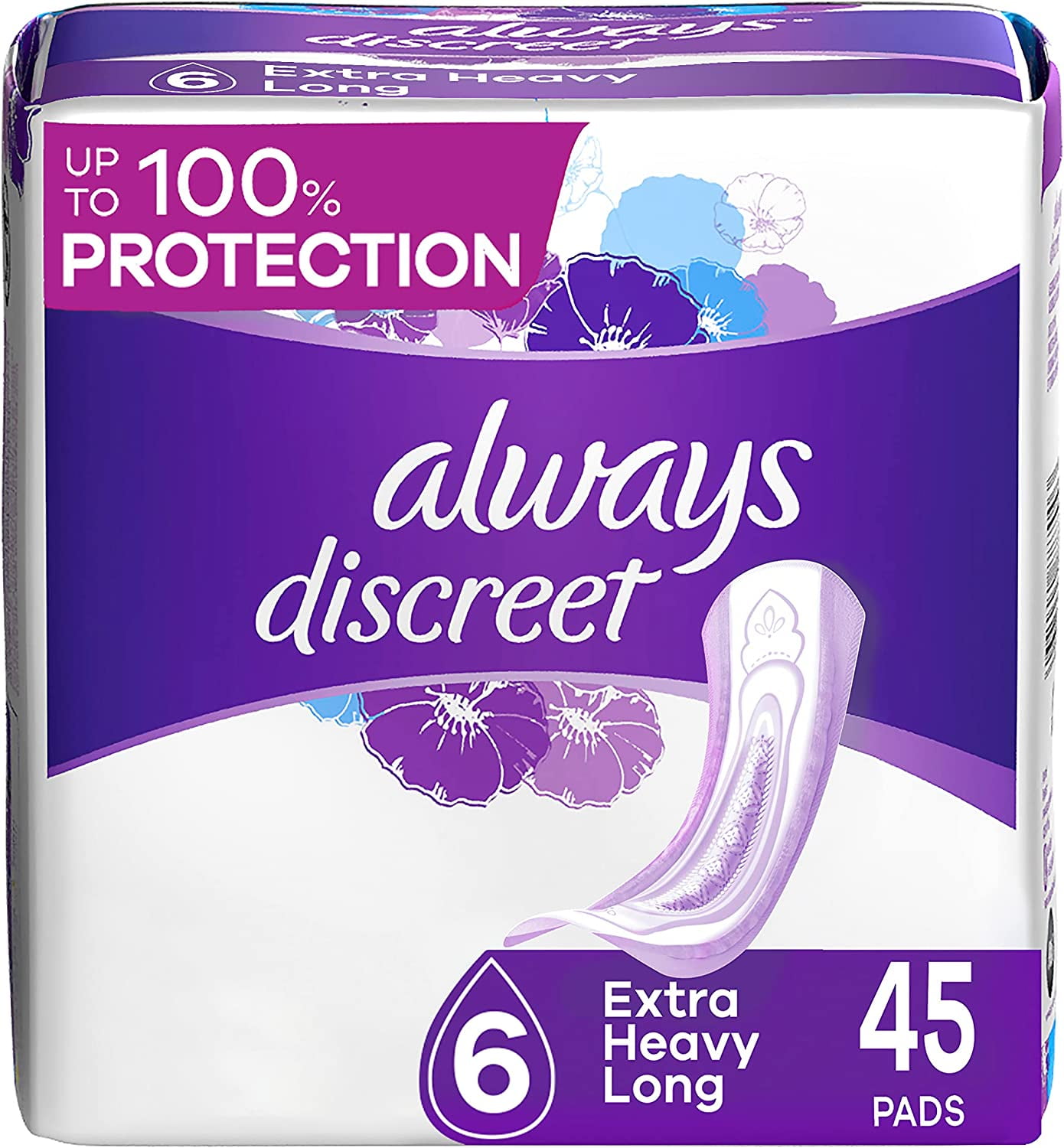 Always Discreet Extra Heavy Long Incontinence Pads, Up to 100% Leak-Free Protection,White 45 Count