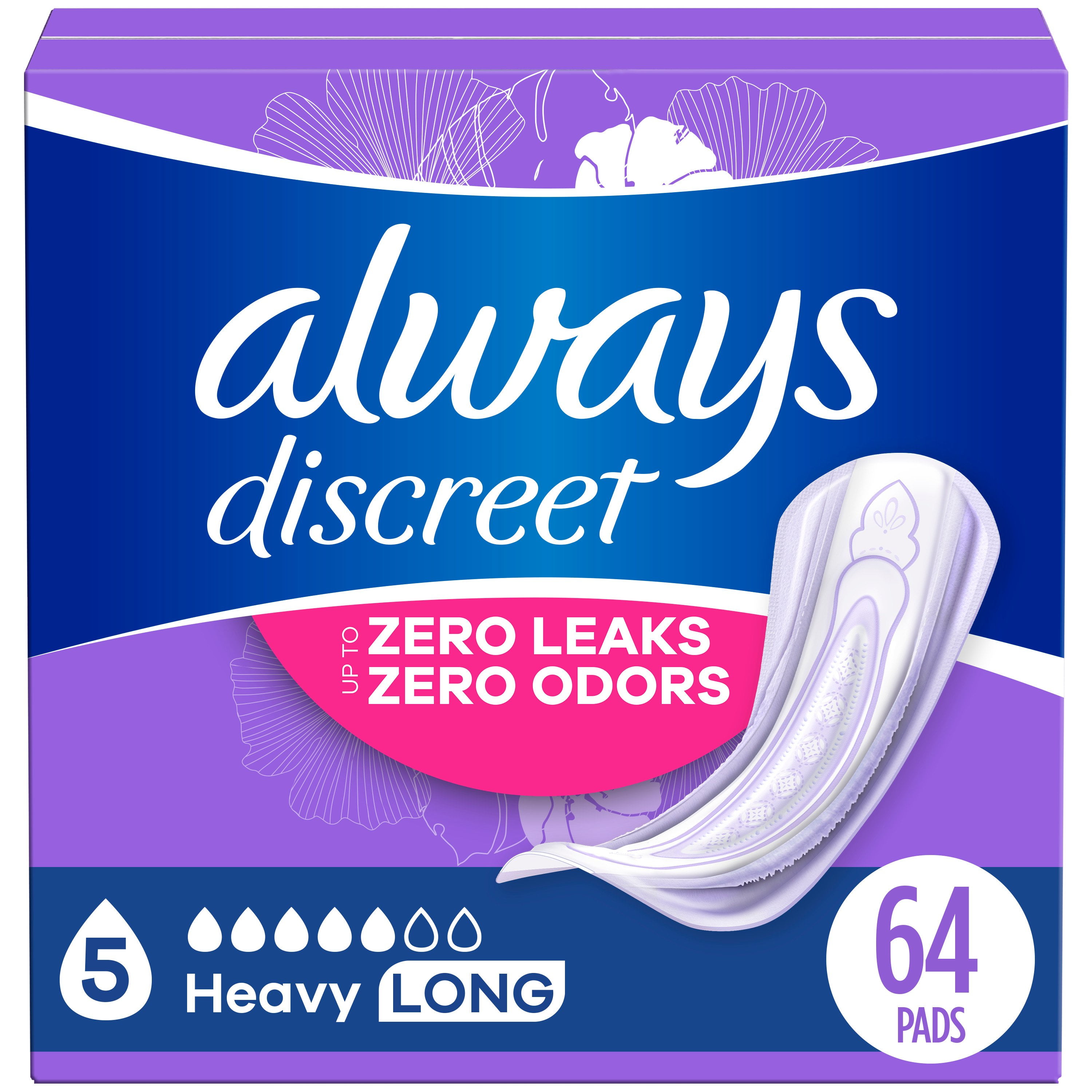 Always Discreet Heavy Long Incontinence Pads, 64 ct (Package May Vary)