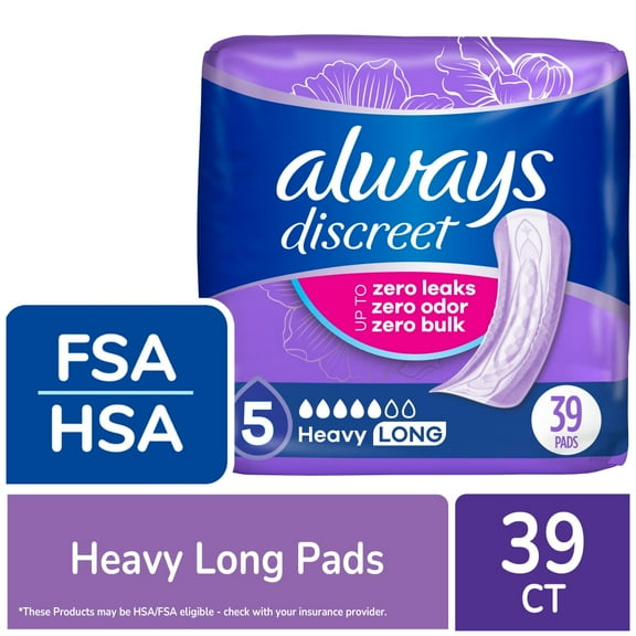 Always Discreet Heavy Long Size 5 Incontinence and Postpartum Pads, 39 ct (Package May Vary)