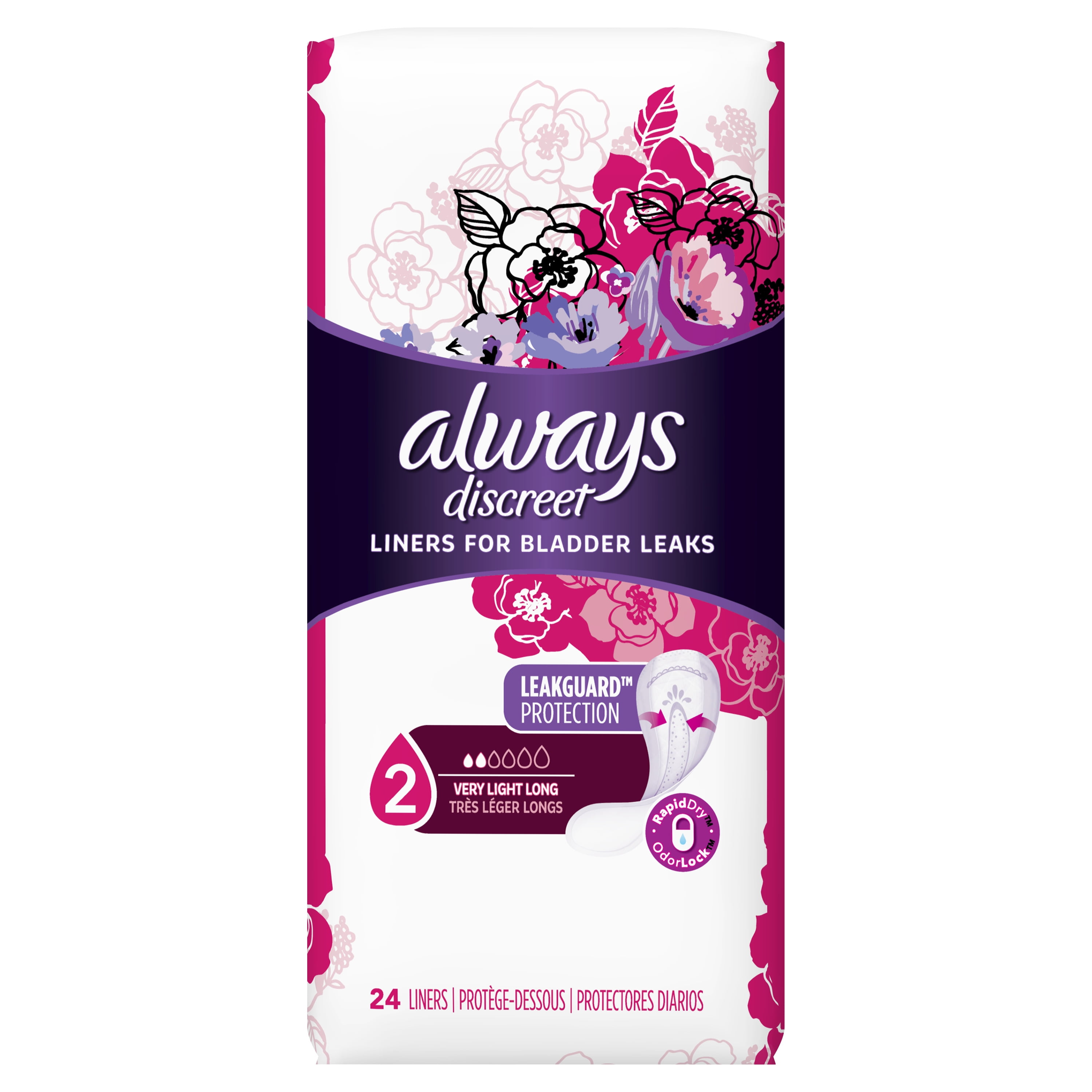 Always Discreet Incontinence Liners, Very Light Absorbency, Long Length, 24  Count