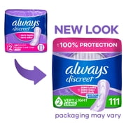Always Discreet Incontinence Panty Liners for Bladder Leaks, Size 2, Very Light Absorbency, Long Length, 111 Count