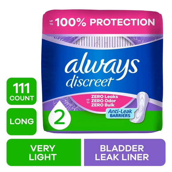 Always Discreet Incontinence Panty Liners for Bladder Leaks, Size 2, Very Light Absorbency, Long Length, 111 Count