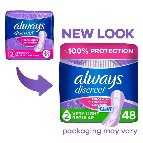 Always Discreet Incontinence Panty Liners for Bladder Leaks, Very Light Absorbency, Size 2, 48 Count