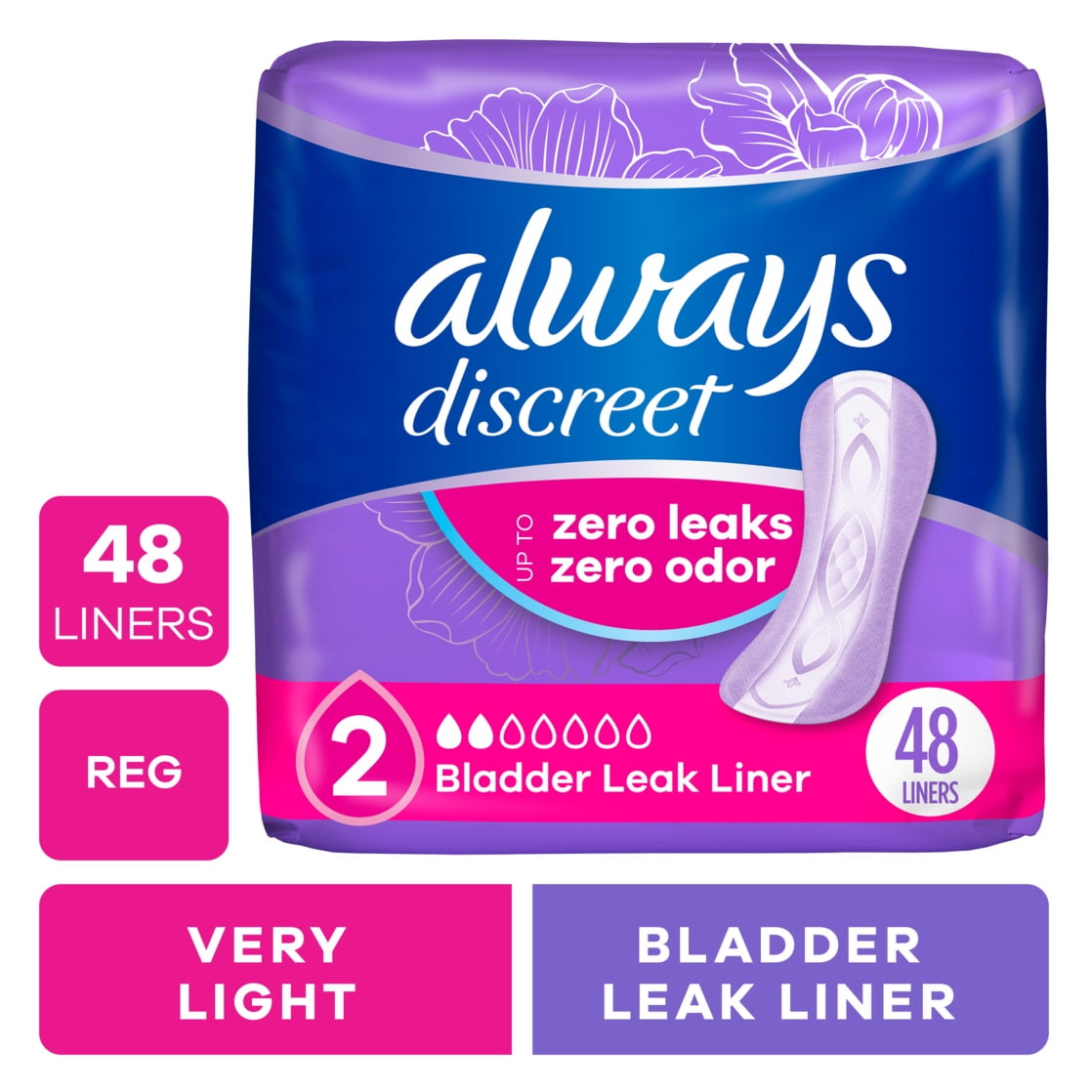 Always Discreet Incontinence Panty Liners for Bladder Leaks, Size 2, Very Light Absorbency, 48 Count