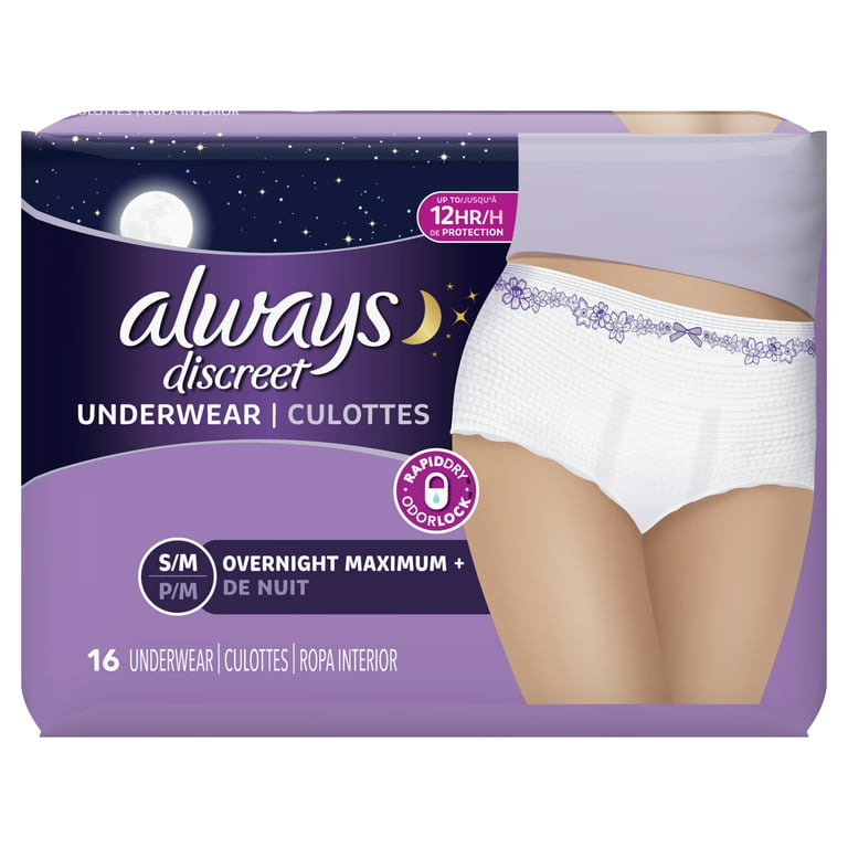 Always Discreet Incontinence Overnight Underwear, Small/Medium, 16
