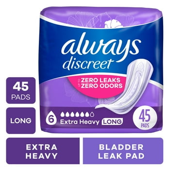 Always Discreet Adult Incontinence Pads for Women, Extra Heavy Absorbency, Long Length, Postpartum Pads, 45 Count