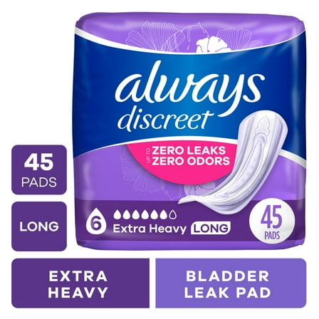 Always Discreet Adult Incontinence Pads for Women, Extra Heavy Absorbency, Long Length, Postpartum Pads, 45 Count
