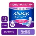 thumbnail interactive-video image 1 of Always Discreet Adult Incontinence Pads for Women, Ultimate Absorbency, Long Length, Postpartum Pads, 45 Count, 1 of 14