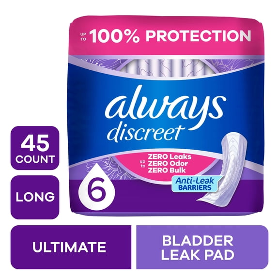 Always Discreet Adult Incontinence Pads for Women, Extra Heavy Absorbency, Long Length, Postpartum Pads, 45 Count
