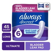Always Discreet Adult Incontinence Pads for Women, Ultimate Absorbency, Long Length, Postpartum Pads, 45 Count
