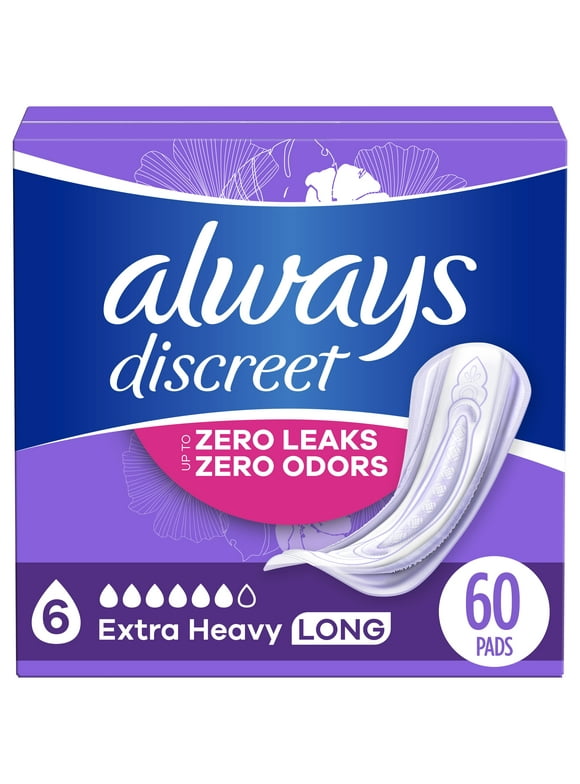 Always Discreet Incontinence Pads, Extra Heavy Absorbency, Long Length, 60 CT