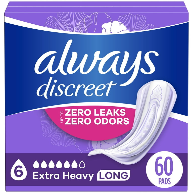 Always Discreet Incontinence and Postpartum Incontinence Pads for Women -  Extra Heavy Absorbency - Long Length - 60ct 60 ct