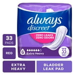 Always Discreet Incontinence Pads for Women and Postpartum Pads, Extra Heavy, 33 CT, up to 100% Bladder Leak Protection