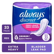 Always Discreet Adult Incontinence Pads for Women, Ultimate Absorbency, Regular Length, Postpartum Pads, 33 Count
