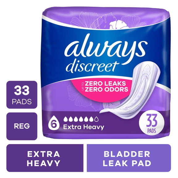 Always Discreet Adult Incontinence Pads for Women, Extra Heavy Absorbency, Regular Length, Postpartum Pads, 33 Count
