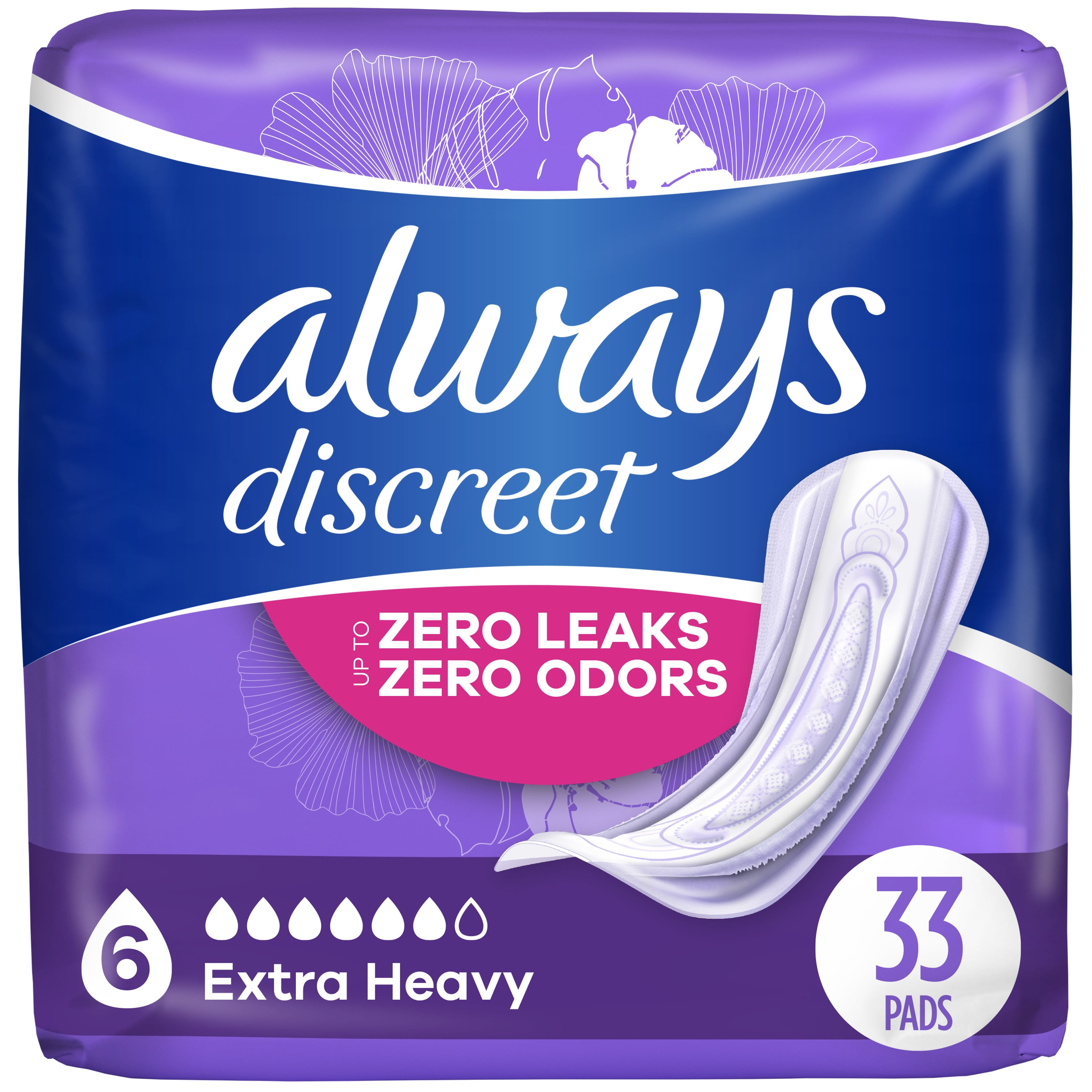 Always Discreet Incontinence Pads, Extra Heavy Absorbency, Regular, 33 Ct