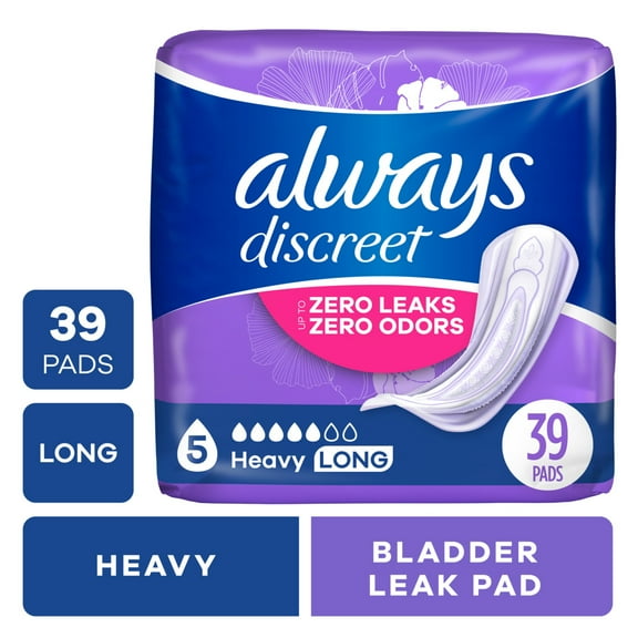 Always Discreet Adult Incontinence Pads for Women, Heavy Absorbency, Long Length, Postpartum Pads, 39 Count