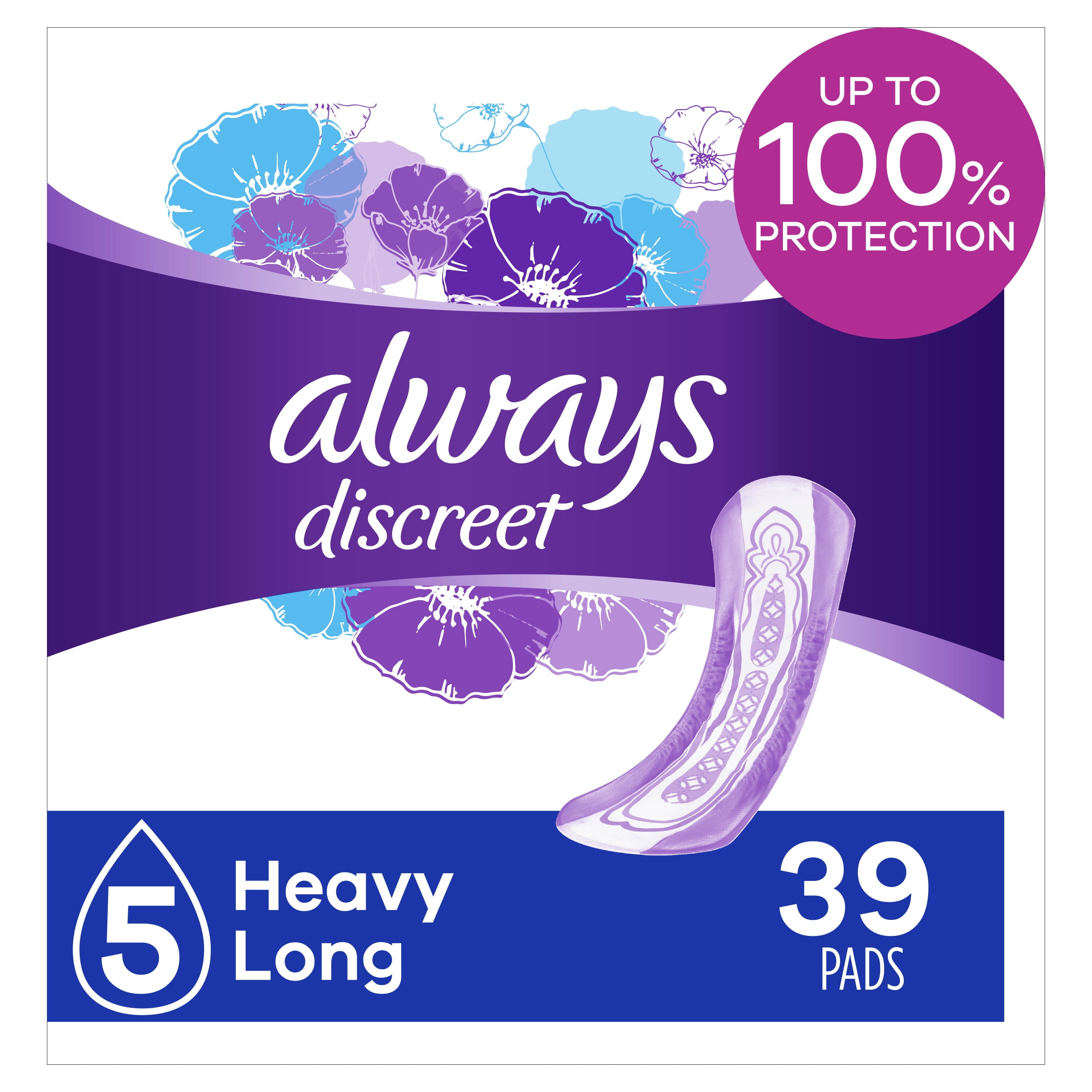 Always Discreet Incontinence Pads, Heavy Absorbency, Long, 39 ct | 2 Packs - 78 counts total