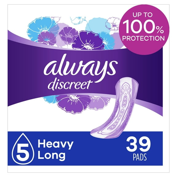 Always Discreet Incontinence Pads, Heavy Absorbency, Long, 39 ct | 2 Packs - 78 counts total