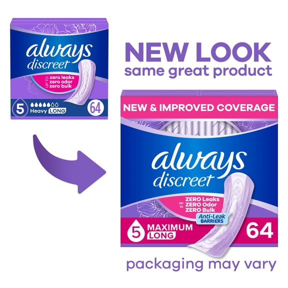 Always Discreet Incontinence Pads for Women, Heavy Absorbency, Long Length, Postpartum Pads, 64 Count