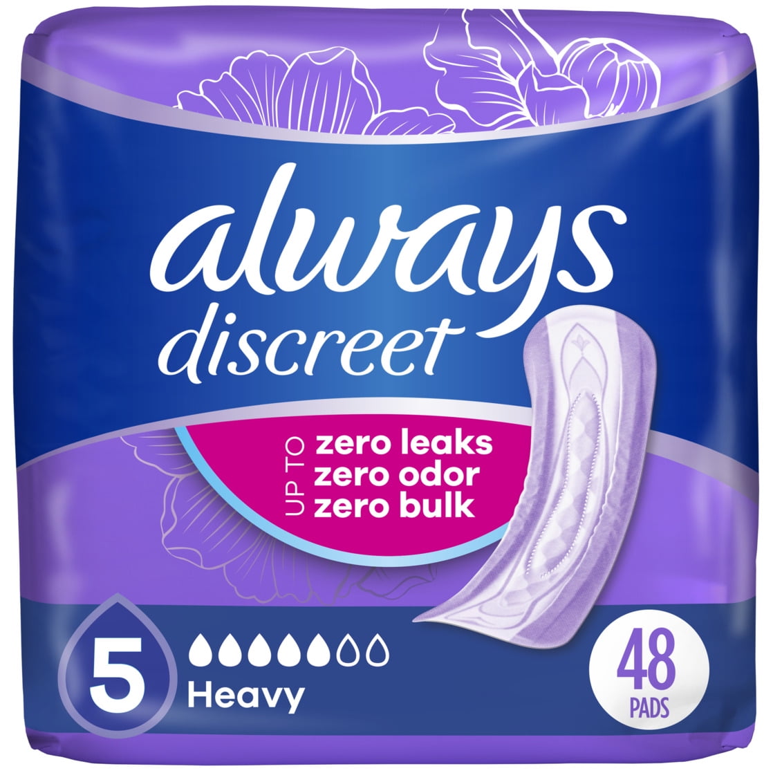 Always Discreet Incontinence Pads, Heavy Absorbency, Regular Length, 48 CT