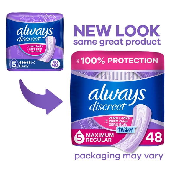 Always Discreet Incontinence Pads for Women, Heavy Absorbency, Regular Length, Postpartum Pads, 48 Count