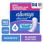 Always Discreet Adult Incontinence Pads for Women, Moderate Absorbency, Long Length, Postpartum Pads, 162 Count