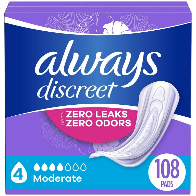 https://i5.walmartimages.com/seo/Always-Discreet-Incontinence-Pads-Moderate-Absorbency-Regular-Length-108-CT_3065451a-2346-4153-abcc-2f79317e7a54.ccc25c57efd9cb14a2bb3c17fc24e80e.jpeg?odnHeight=768&odnWidth=768&odnBg=FFFFFF