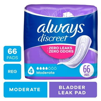 Always Discreet Adult Incontinence Pads for Women, Moderate Absorbency, Regular Length, Postpartum Pads, 66 Count