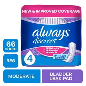 Always Discreet Incontinence Pads, Moderate Absorbency, Regular Length, 66 Count